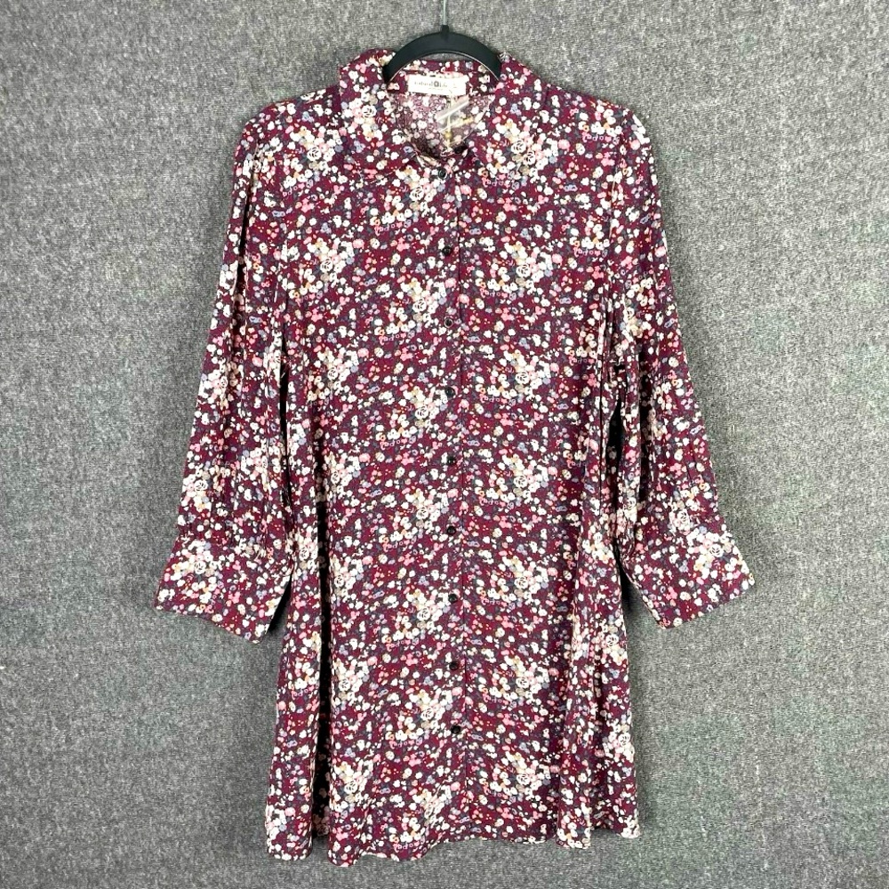 NWT Natural Life Women’s Floral Boho 3/4 Sleeve Collared Shirt Dress Burgundy L - Picture 4 of 14